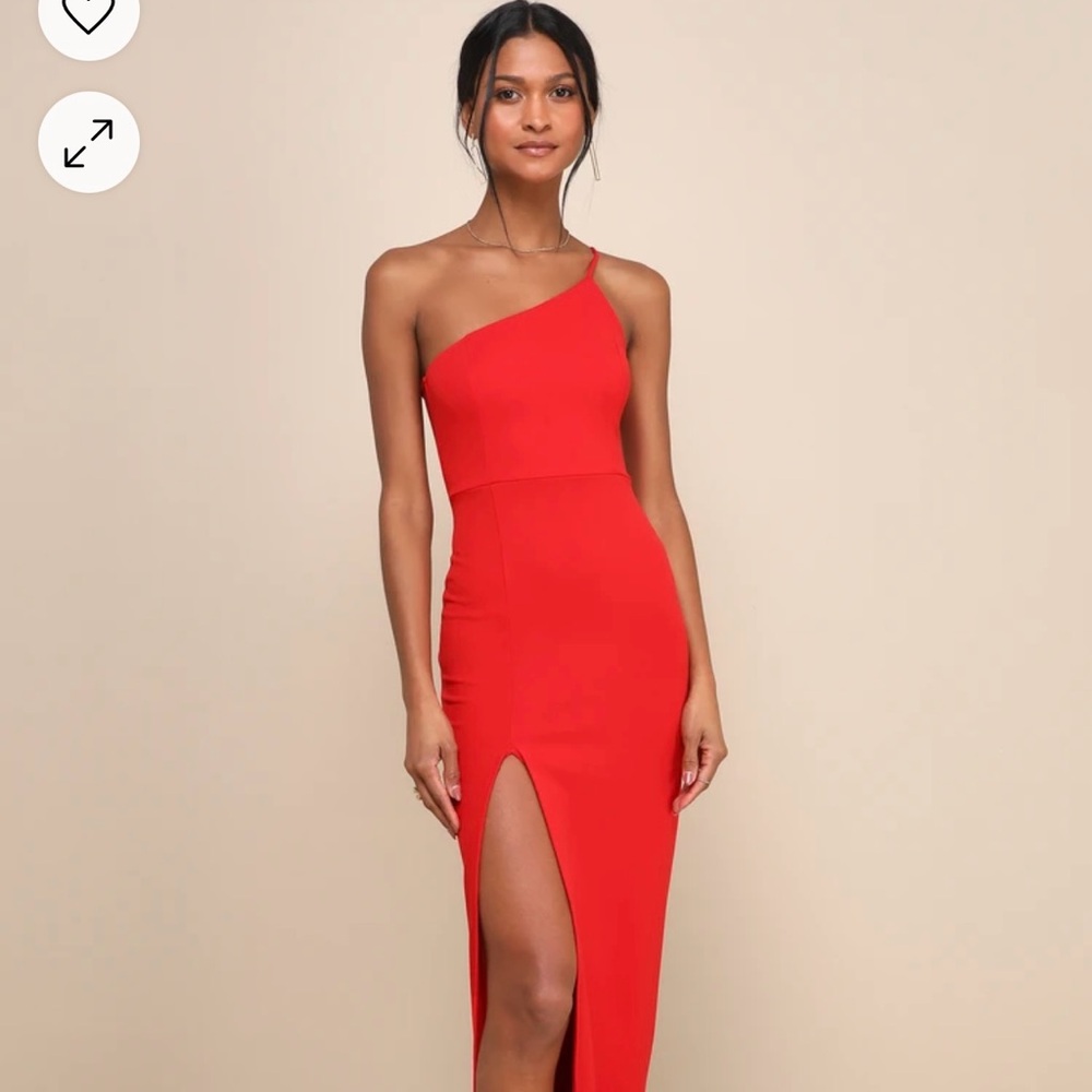 LULUS Red Floor Length Dress One Shoulder Slit Dress